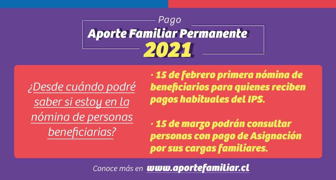 Hoy comenzó a pagarse #AporteFamiliarPermanente, q este año beneficiará a un millón y medio de familias 🇨🇱, a través de <a href="/IPSChile/">IPSChile</a> 👏🏻 Para revisar si eres beneficiari@, a partir de cuándo y dónde puedes cobrarlo ingresa a 📲aportefamiliar.cl con tu RUT y fecha de nacimiento