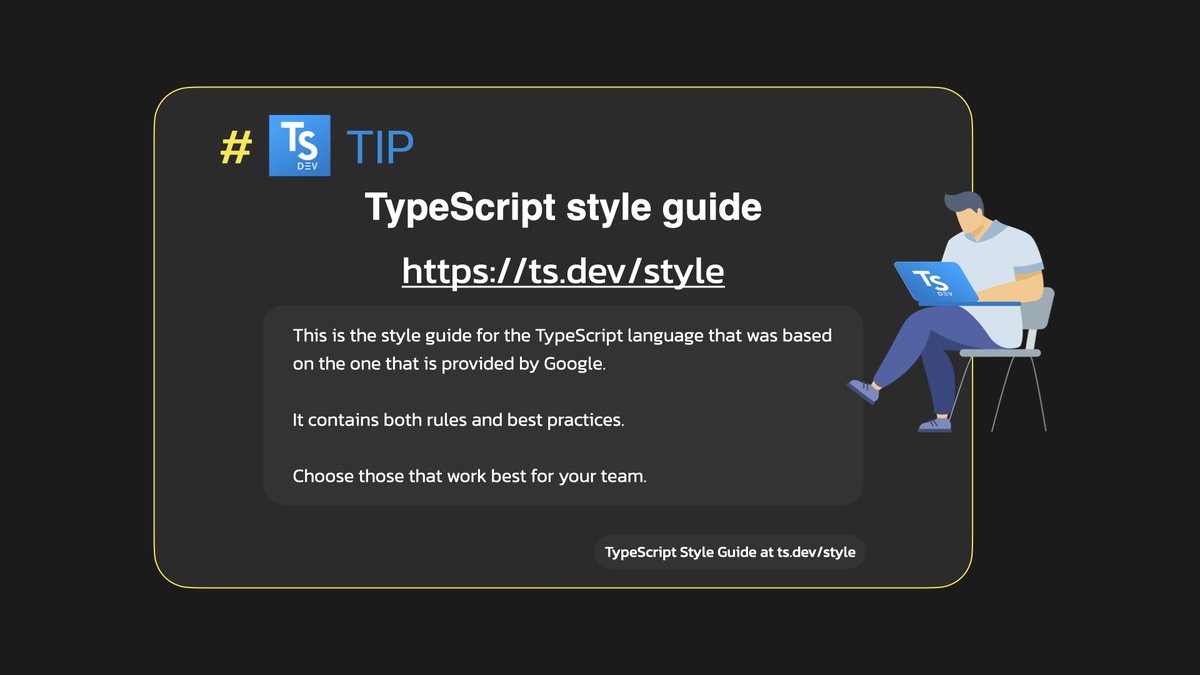 AlexOkrushko's tweet image. 📢📢📢
Hello #TypeScript Developers

Let me introduce ts.dev/style - a style guide for #TS that is based on the one provided by Google, and would continue to evolve and improve based on #community feedback.

Would you like to propose changes?
👉 ts.dev/style/#changes