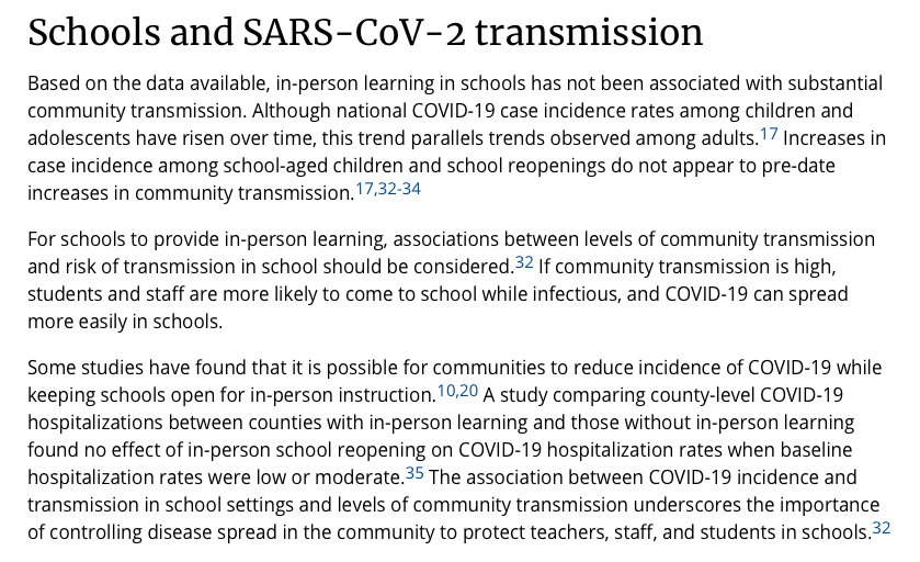 1/One of the key scientific claims in the CDC guidance is that the risk of school opening is tied to COVID community spread.  https://www.cdc.gov/coronavirus/2019-ncov/more/science-and-research/transmission_k_12_schools.html