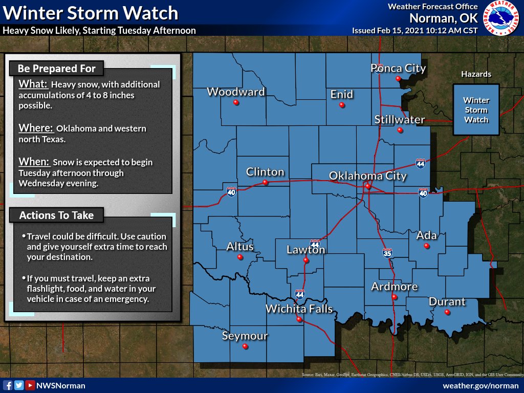 NWSNorman's tweet image. ⚠️ Please share! ⚠️

Another Winter Storm Watch is in effect for all of our area from Tuesday afternoon through Wednesday Evening. 

An additional 6 to 8 inches of snow accumulation is possible over portions of central and southeastern Oklahoma. 

#okwx #texomawx