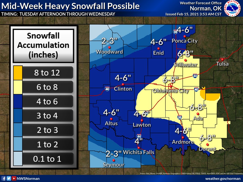 NWSNorman's tweet image. ⚠️ Please share! ⚠️

Another Winter Storm Watch is in effect for all of our area from Tuesday afternoon through Wednesday Evening. 

An additional 6 to 8 inches of snow accumulation is possible over portions of central and southeastern Oklahoma. 

#okwx #texomawx