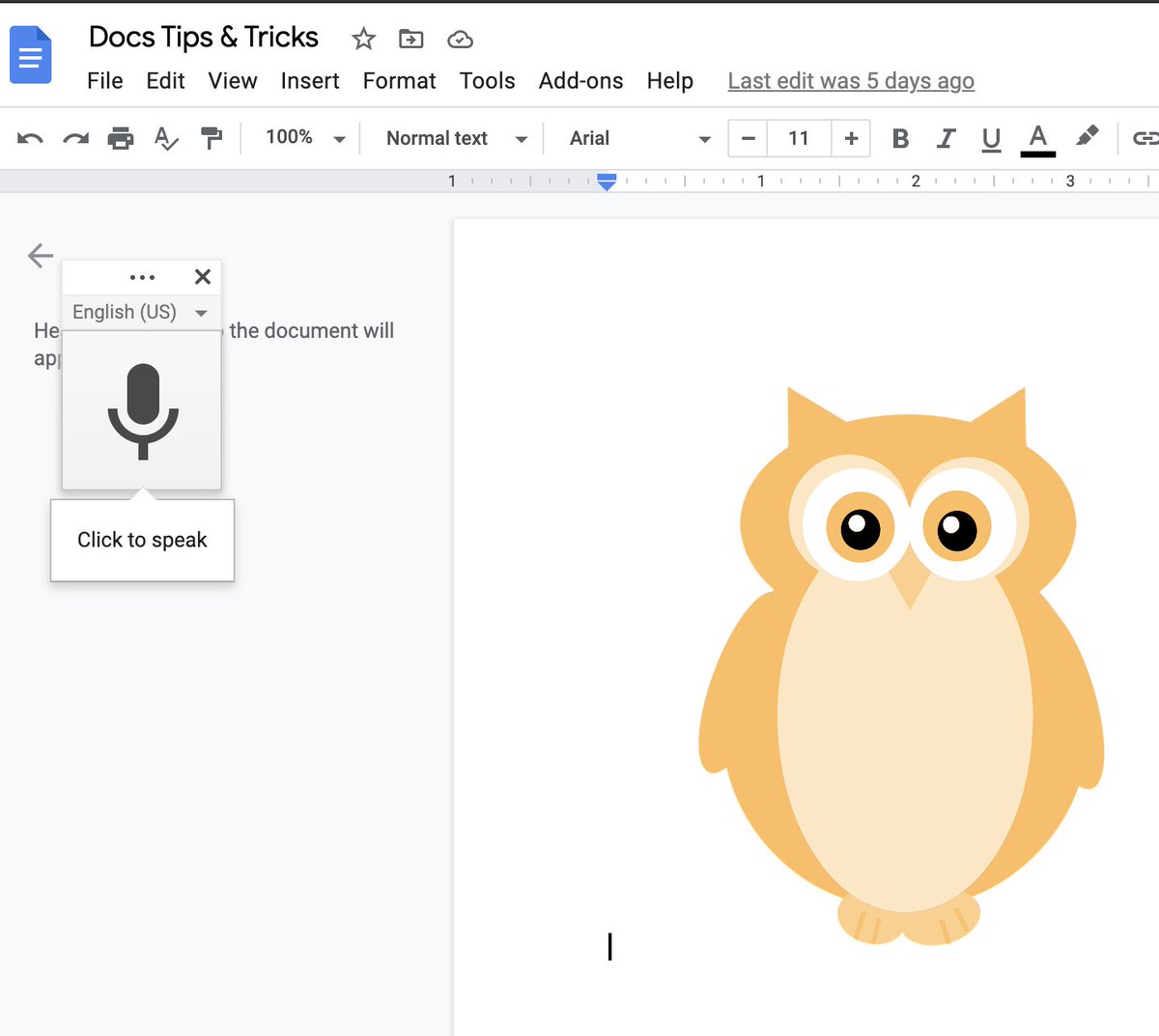 logicwing's tweet image. Do you have a microphone built into your device? Take advantage of the Voice typing feature.
Go to Tools
Select Voice typing
Click the microphone icon and start recording!
Google Docs Tip #008
#LiveWorkLearn #GoogleDocsTips
