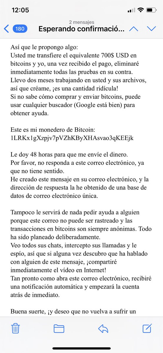 Ojo con esta #estafa que están mandado a los correos solicitando dinero a cambio de la información privada de uno, ya lo reporté a la #PDI <a href="/PDI_CHILE/">PDI Chile</a>