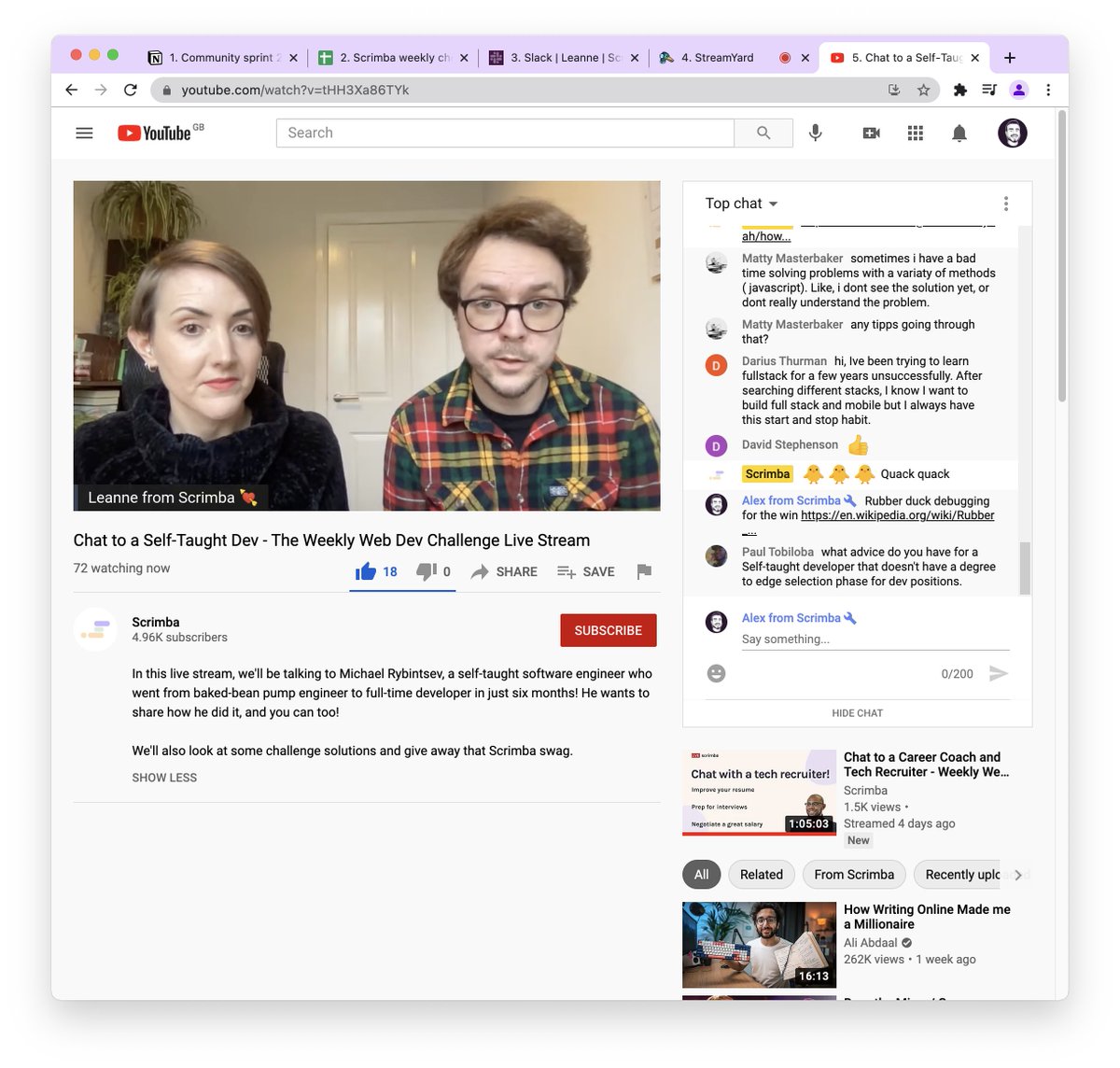 bookercodes's tweet image. leanne and michael rybintsev from @Scrimba are LIVE

they&apos;re doing a lovely valentines day stream, answering all *your* questions about learning to code and breaking into tech 👇

youtu.be/tHH3Xa86TYk