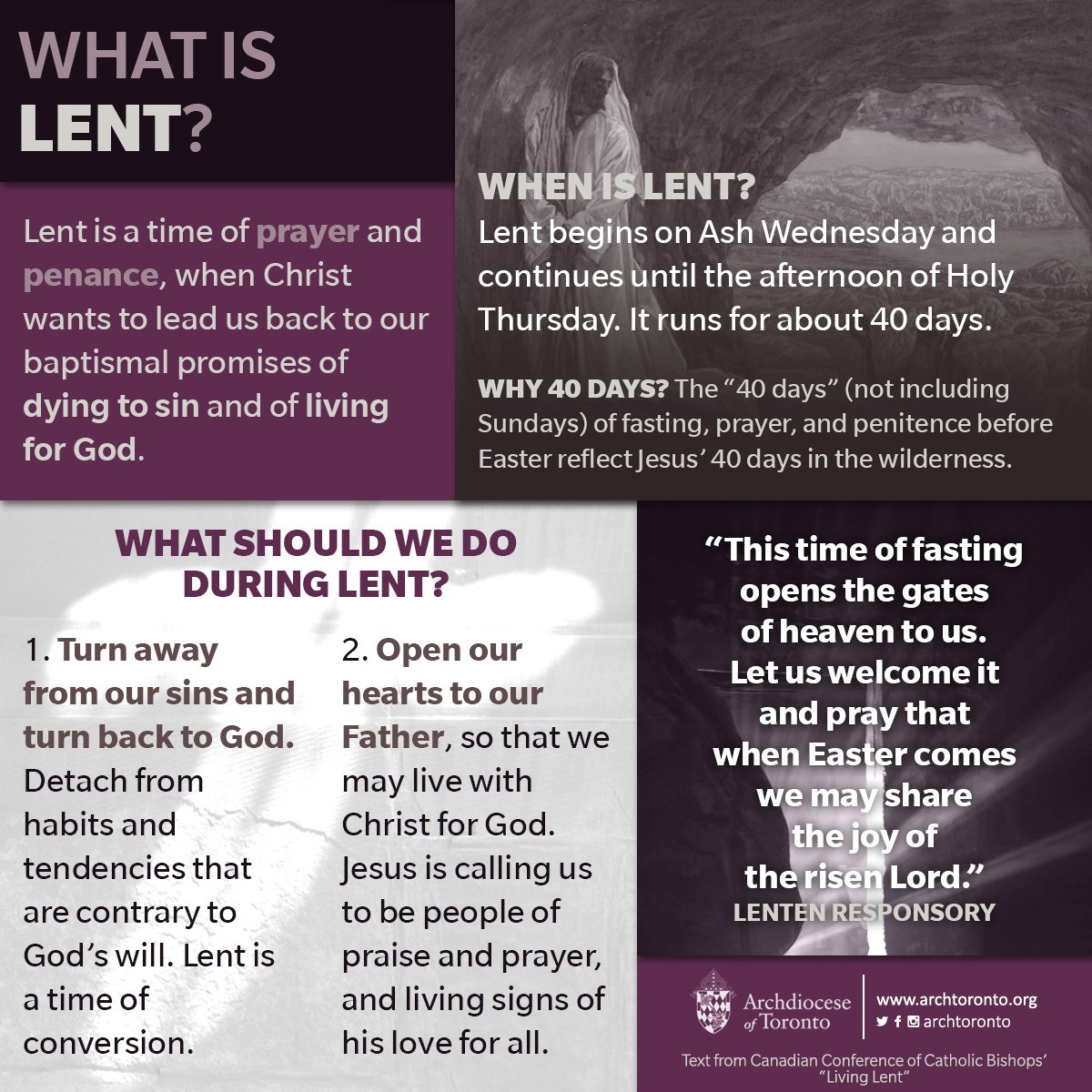 archtoronto's tweet photo. #Infographic: Lent is a time of prayer and penance, when Christ wants to lead us back to our baptismal promises of dying to sin and of living for God. https://t.co/PD0CsYwQpB