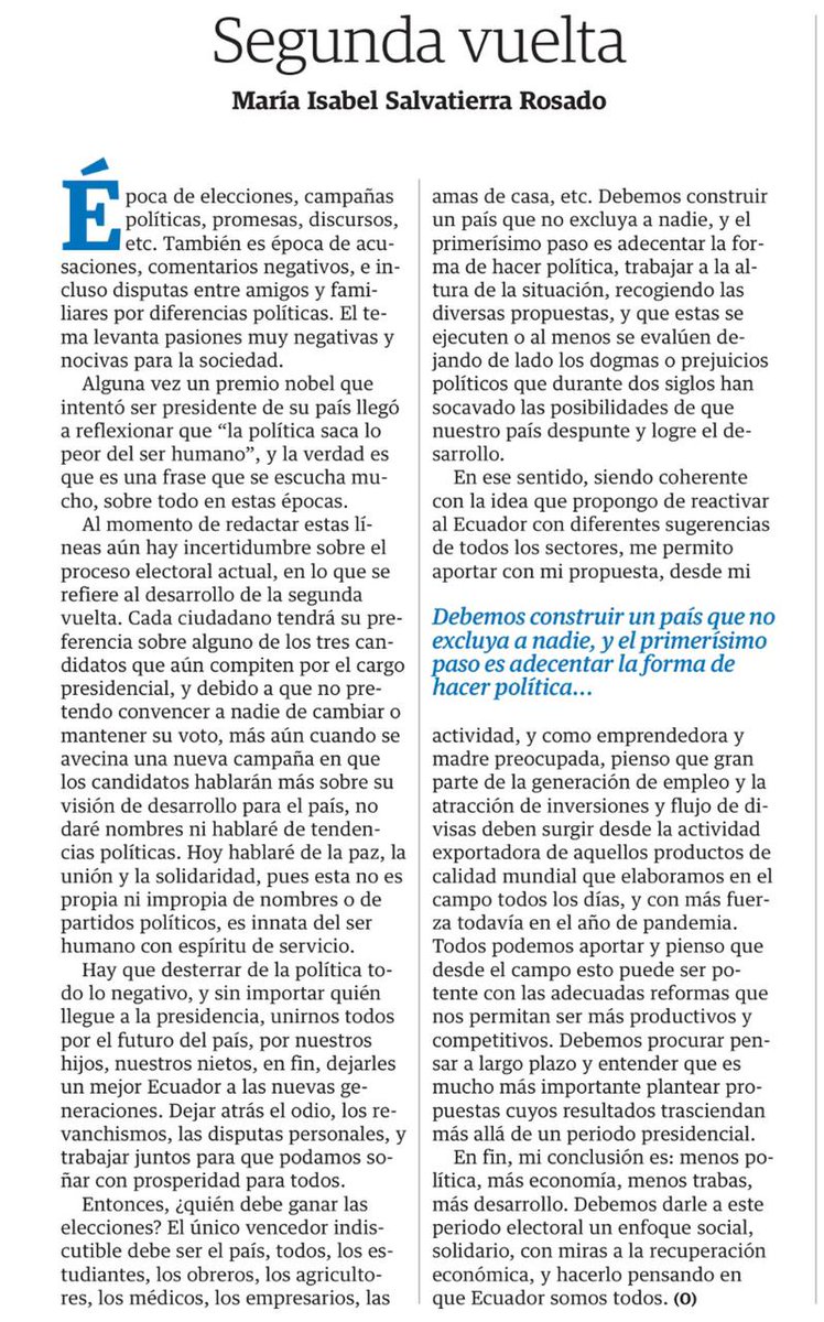 Segunda Vuelta: Menos política, más economía, menos trabas, más desarrollo. Debemos darle a este periodo electoral un enfoque social, solidario, y con miras a la recuperación económica.

Comparto mi artículo publicado hoy en Diario <a href="/eluniversocom/">El Universo</a>