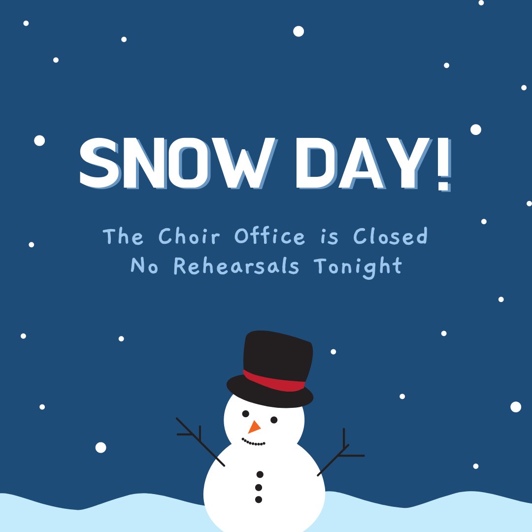 Due to inclement weather and road conditions, the Choir Office is closed today and tonight's rehearsals are cancelled! Emails with homework and other assignments are coming soon. Be safe and stay warm out there! ❄️

#snowday #slccsing