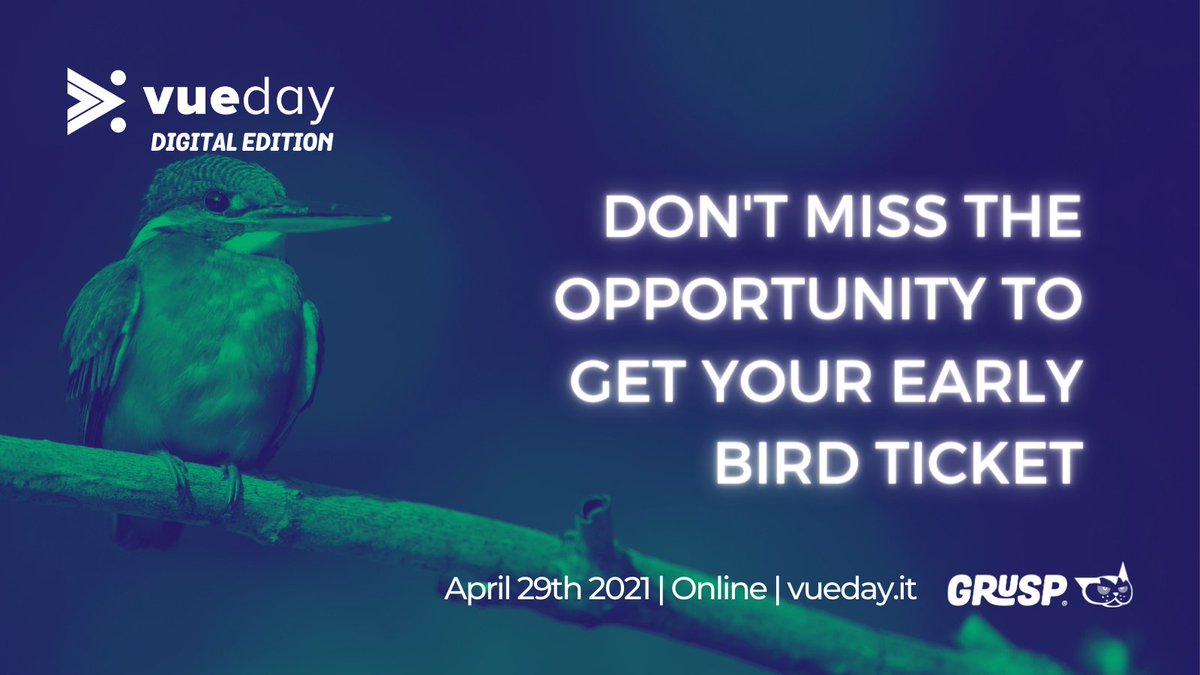vuedayit's tweet image. Don't miss the opportunity to get your early bird ticket 🐦
👉vueday-2021.eventbrite.com👈
#vueday #vue #vuejs #nuxtjs #vuex #vuerouter #testing #GraphQL #components