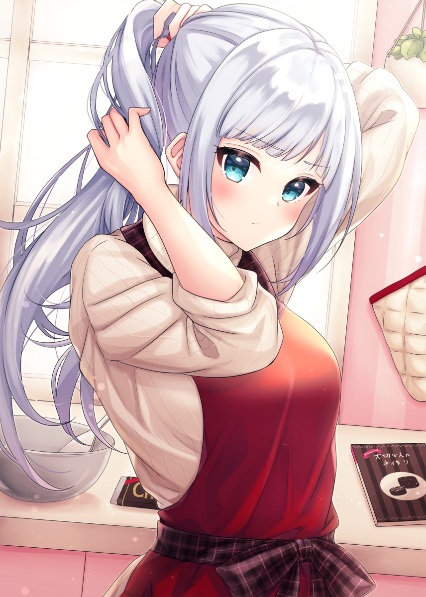 1girl solo apron sweater long hair blush looking at viewer  illustration images