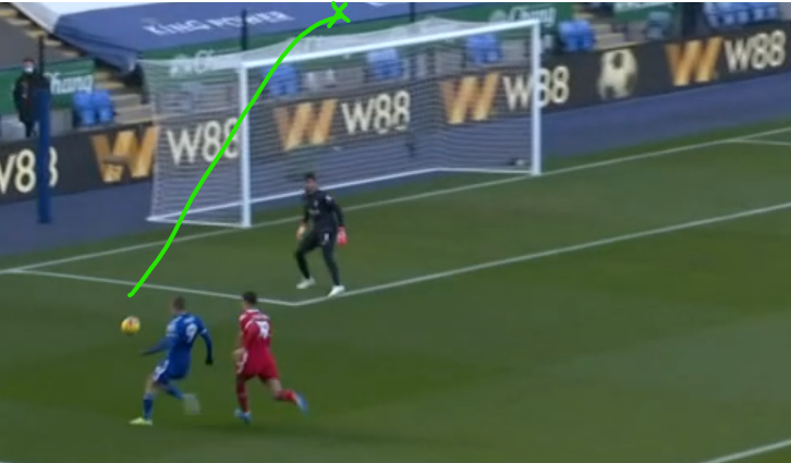 Chance 1Barnes takes a wide position, Vardy on the shoulder of Kabak, Madders in an advanced 10Barnes chips the ball over the top, Vardy beats Kabak and tries to lob Alison on the half volley but it goes over(Side note: Ricardo's high positioning on the overlap)