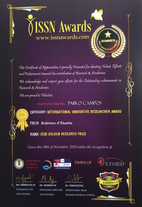 UtoplanPablo's tweet photo. Pablo Campos ha recibido el Premio Internacional de Investigación "International Innovative Researcher Award" en el área de "Architecture of Education" https://t.co/WLcbq0DTnr