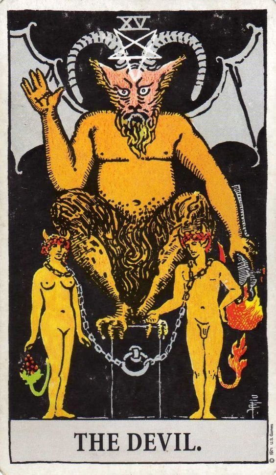 𝟙. 𝔹𝕪 𝕋𝕙𝕖 𝔹𝕠𝕠𝕜-The classic meaning of a card is based on historical Tarot books and the Little White Book. Refer to the book as a reference point.-The Classic Meaning of the Devil is bondage, slavery, materialism, addiction.