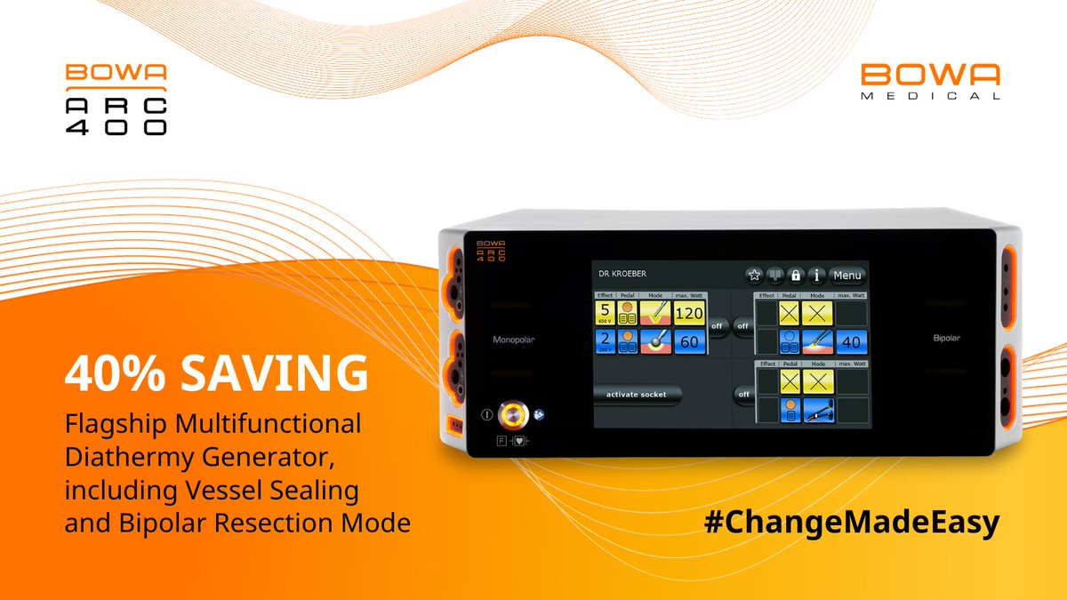 BOWAMEDICALUK's tweet photo. Save 40% on #BOWAARC400 Flagship Multifunctional Diathermy Generator with Vessel Sealing and Bipolar Resection Mode via the NHS Supply Chain: https://t.co/joAilAzHrv

#BOWAelectrosurgery #BOWAdiathermy #electrosurgery #NHSSupplyChain #TheatreManagers #Procurement

#ChangeMadeEasy https://t.co/FYVxg2rFCU