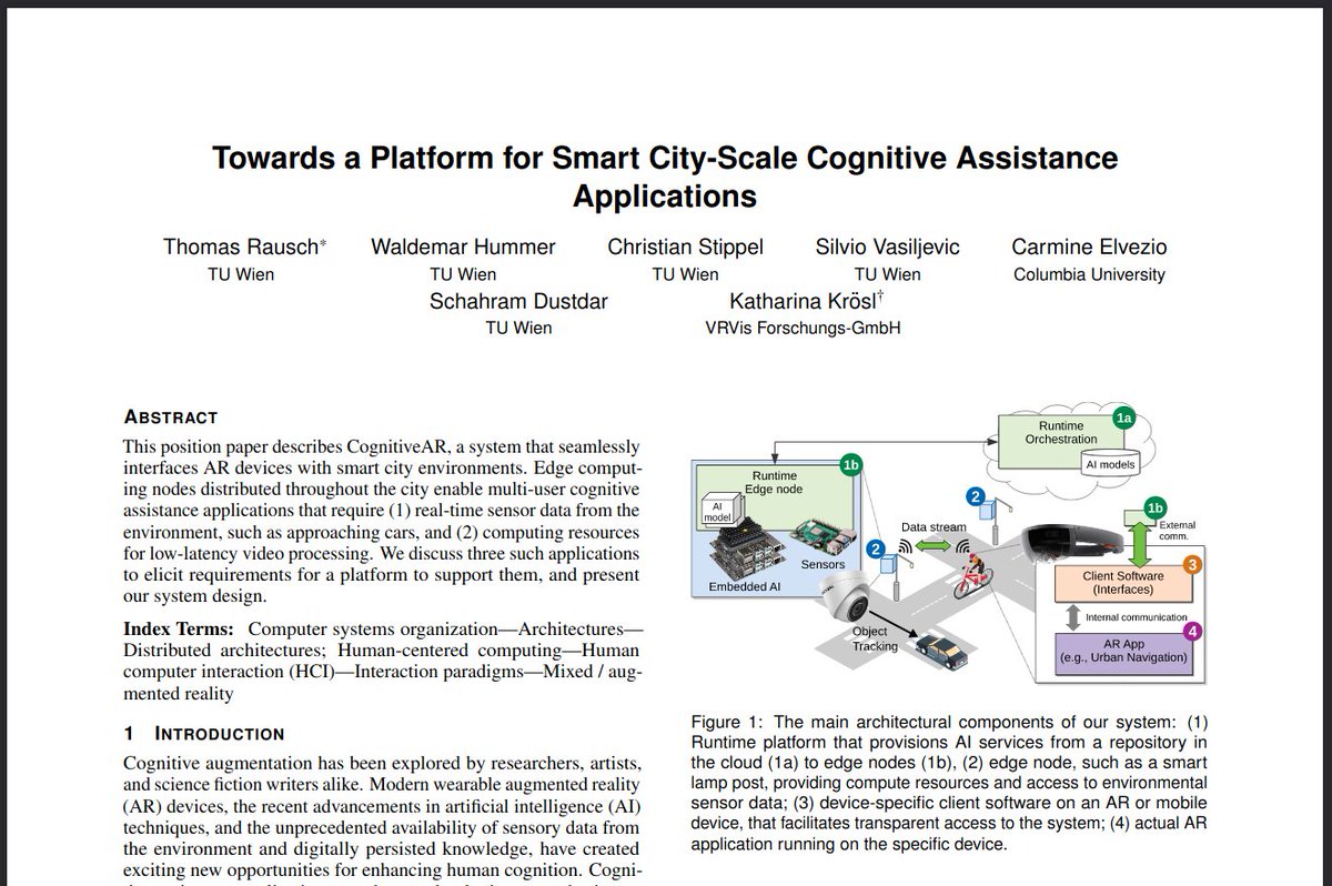 CognitiveXR 👓 (@cognitivexr) on Twitter photo We're excited to announce that our position paper "Towards a Platform for Smart City-Scale Cognitive Assistance Applications" has been accepted at the <a href="/IEEEVR/">IEEE Virtual Reality</a> DISCE workshop! It presents our vision for seamless #AR #EdgeComputing and #AI Preprint here 👉 cognitivexr.at/assets/files/d… We're excited to announce that our position paper "Towards a Platform for Smart City-Scale Cognitive Assistance Applications" has been accepted at the <a href="/IEEEVR/">IEEE Virtual Reality</a> DISCE workshop! It presents our vision for seamless #AR #EdgeComputing and #AI Preprint here 👉 cognitivexr.at/assets/files/d…