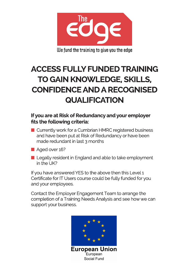 edgeincumbria's tweet photo. @NewtonRigg is offering a NEW course from April 2021, aimed at those who could be at risk of redundancy.
Level 1 Certificate for IT Users, is available FREE through ESF Funding and The Edge to those eligible.

Find out more below... https://t.co/duXM6Noh60