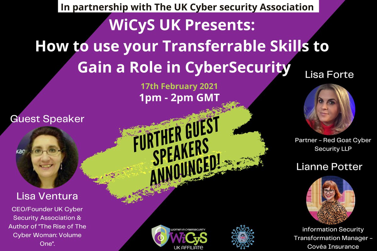 WiCyS_UK's tweet photo. Joining the WiCyS UK webinar this Wednesday at 1pm will be @LisaForteUK and Lianne Potter @Tech_Soapbox  sharing their unique journeys into the #cybersecurity industry. 

Register now https://t.co/DwiT0Lv3IN https://t.co/MFCrpQYkyO