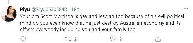 jan67854209's tweet photo. A series of threatening tweet by International student @Piyu06305848 against Australian PM; @ABF_RBLX and Australian Federal Police should look into @Piyu06305848 threats calling Scot Morrison racist, gay, unelectable, and another tweet with a threat! https://t.co/EVOGTqfzli