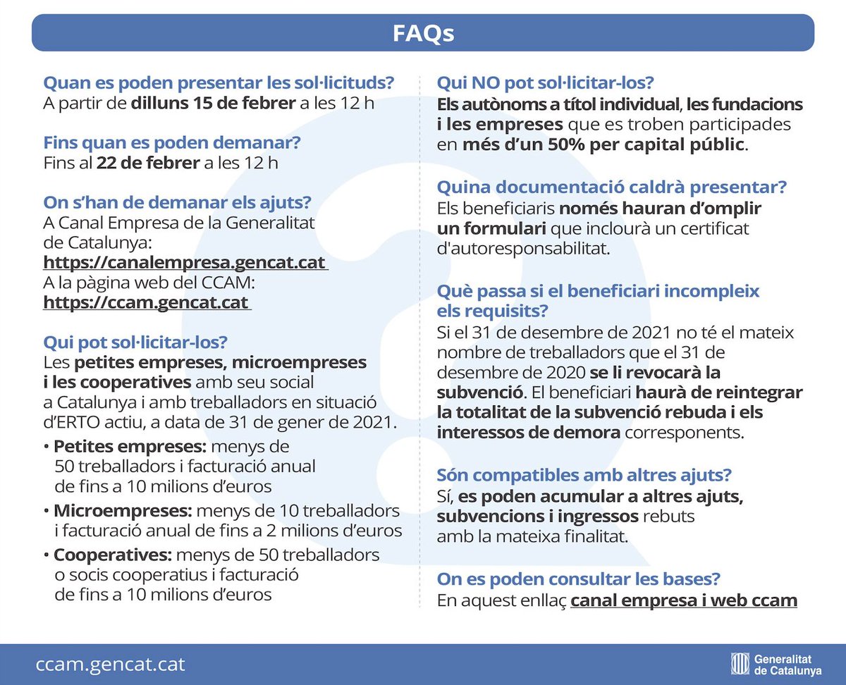 📢 ABIERTO EL TRÁMITE en #Catalunya para solicitar #ayudas directas a las pequeñas #empresas, #microempresas, las #cooperatives.
Finaliza el día 22 de febrero de 2021