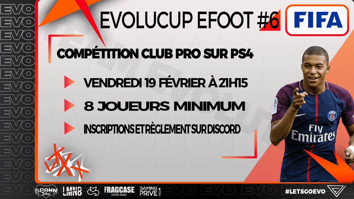 🏆 ~ <a href="/TeamEvolutionE2/">TEAM EVOLUTION E-SPORT OFC</a> 

Vendredi 19 Février à 21h15 !

Dernière chance pour se qualifier à l’#EvoluCupChampions avec 30€ de cashprize ! 💰

🎟 ~ inscriptions ici : discord.gg/K7RSfQBk4c

<a href="/ClubPro_FR/">Clubs +</a> #ClubPro #Tournois #CashPrize #FIFA