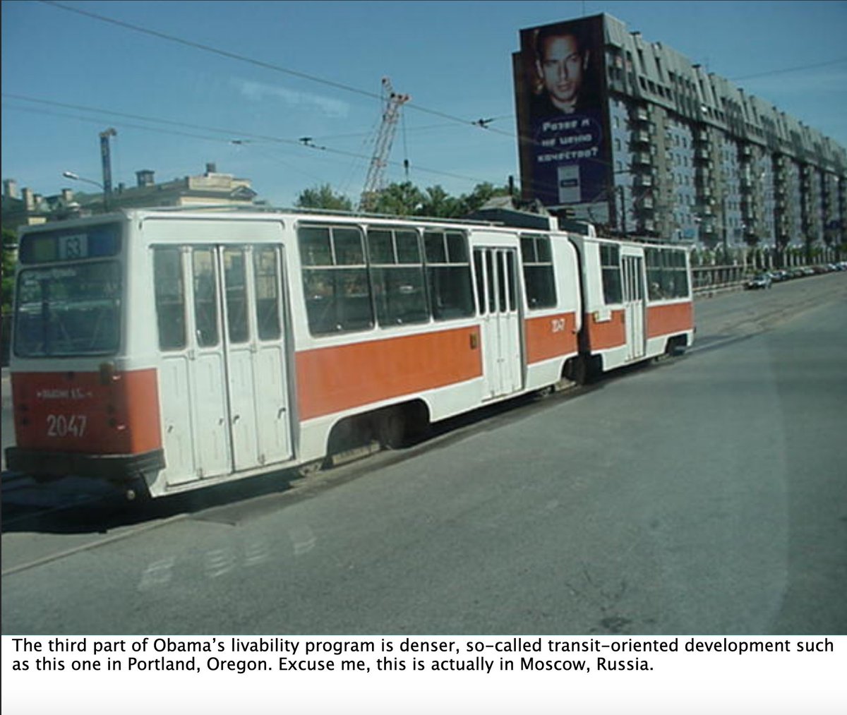Anyway, the author is a notorious anti-transit advocate who, in the past, has suggested that light rail equals communism.From a PowerPoint presentation on the subject.  http://web.mit.edu/transpolunch/docs/public/posters/Randal%20OToole%20Presentation.pdf