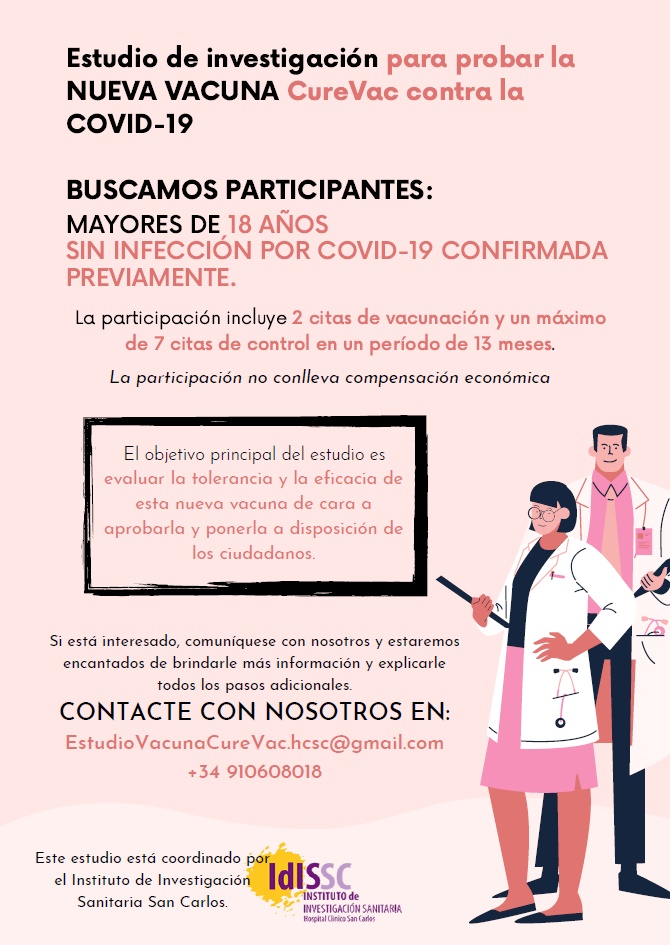UnidadFaseIMad's tweet photo. ¿QUIERES VACUNARTE CONTRA LA COVID-19?
¡Anímate a participar!
En el Servicio de Farmacología Clínica del Hospital Clínico San Carlos seguimos buscando participantes para un EC Fase III, para probar la eficacia de la nueva vacuna de CureVac contra la COVID-19!!!

#VacunasCOVID19 https://t.co/YwNdzrdRtX