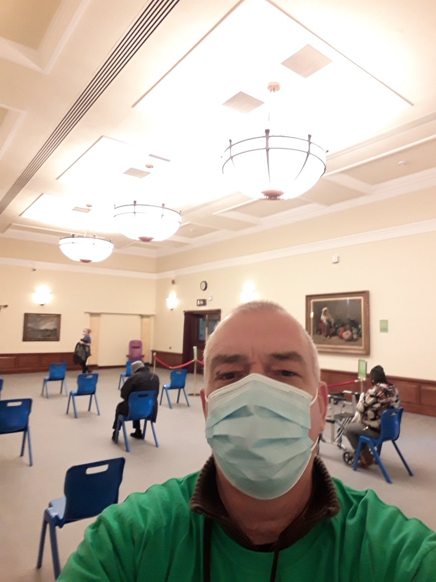 First shift at Hull City Hall Mass Vaccination Centre on Saturday morning for Fred Fettis of Shepcote, a St John Ambulance (SJA) Vaccination Volunteer.  Not 'jabbing' on Saturday but manning the post-vaccination area.  Took photo during a lull to ensure patient anonymity.