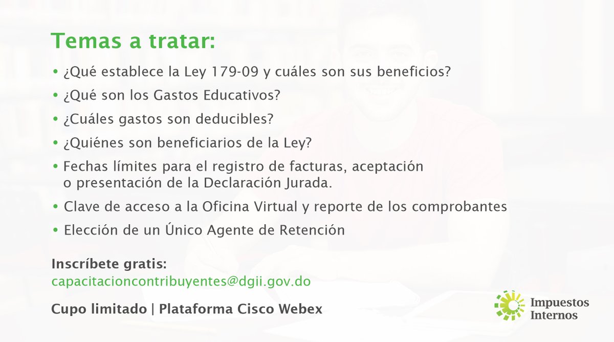 DGii's tweet photo. #DGIIEduca: Este martes 16 de febrero, a las 7:00 p.m., ofreceremos el webinar “Ley No. 179-09 sobre Gastos Educativos y Elección de un Único Agente de Retención”. ¡Totalmente Gratis!
Inscríbete al correo: capacitacioncontribuyentes@dgii.gov.do #CuposLimitados https://t.co/WXk2A3fb87