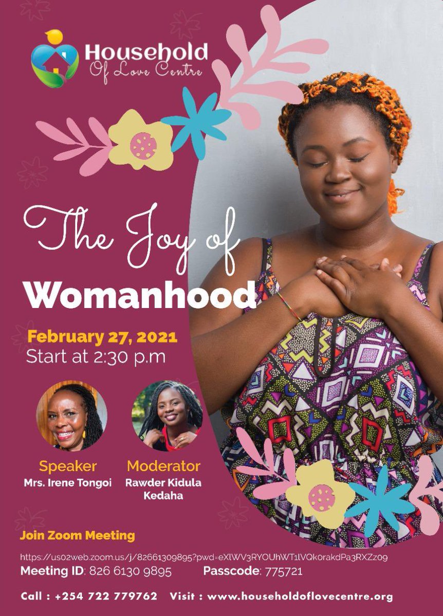 The Joy of Womanhood❤️💙
Join us on the 27th Feb 2021
Our guest speaker will be Mrs.Irene Tongoi
Share ✅ share ✅ share ✅ 
#BackToBasics 
#HOLC
householdoflovecentre.org