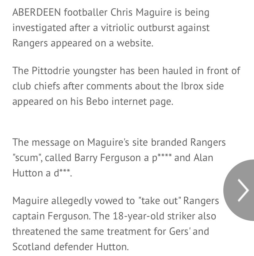 In December of that year, Chris Maguire got himself into a bit of bother for a Bebo post threatening to take out Alan Hutton and Barry Ferguson. Nowadays our players wish Rangers players well over Instagram.