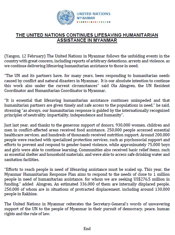 The <a href="/UNinMyanmar/">United Nations in Myanmar</a> and its partners have, for many years, been responding to #humanitarian needs caused by conflict and natural disasters in #Myanmar. 

We are committed to continue this work. 

Full statement: myanmar.un.org/en/111663-unit…