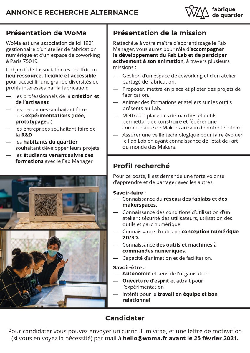 [RECRUTEMENT]
Bonjour à tous, WoMa recherche actuellement sa ou son prochain.e alternant.e Fabmanager !
Plus d'informations  juste en dessous👇