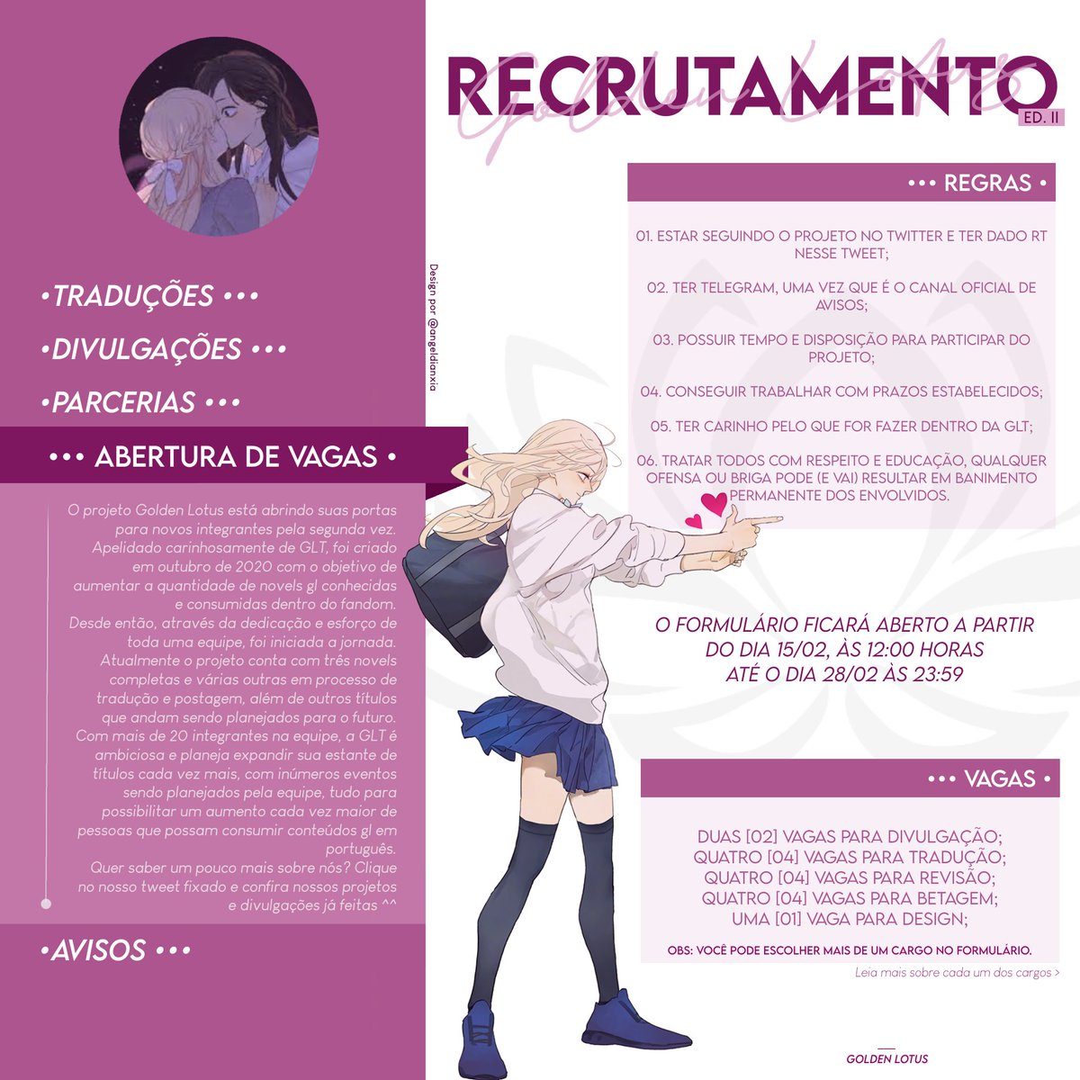 goldenlotust's tweet photo. 🌸 RECRUTAMENTO

A Golden Lotus está com vagas abertas pela segunda vez!! Temos vagas em todas as categorias para aumentar ainda mais nosso jardim de flores de lótus! Tem interesse em entrar para a equipe? Leia as regras e preencha o formulário abaixo:

🔗https://t.co/2b3KtvDwmC https://t.co/uHwxHCCQ6e