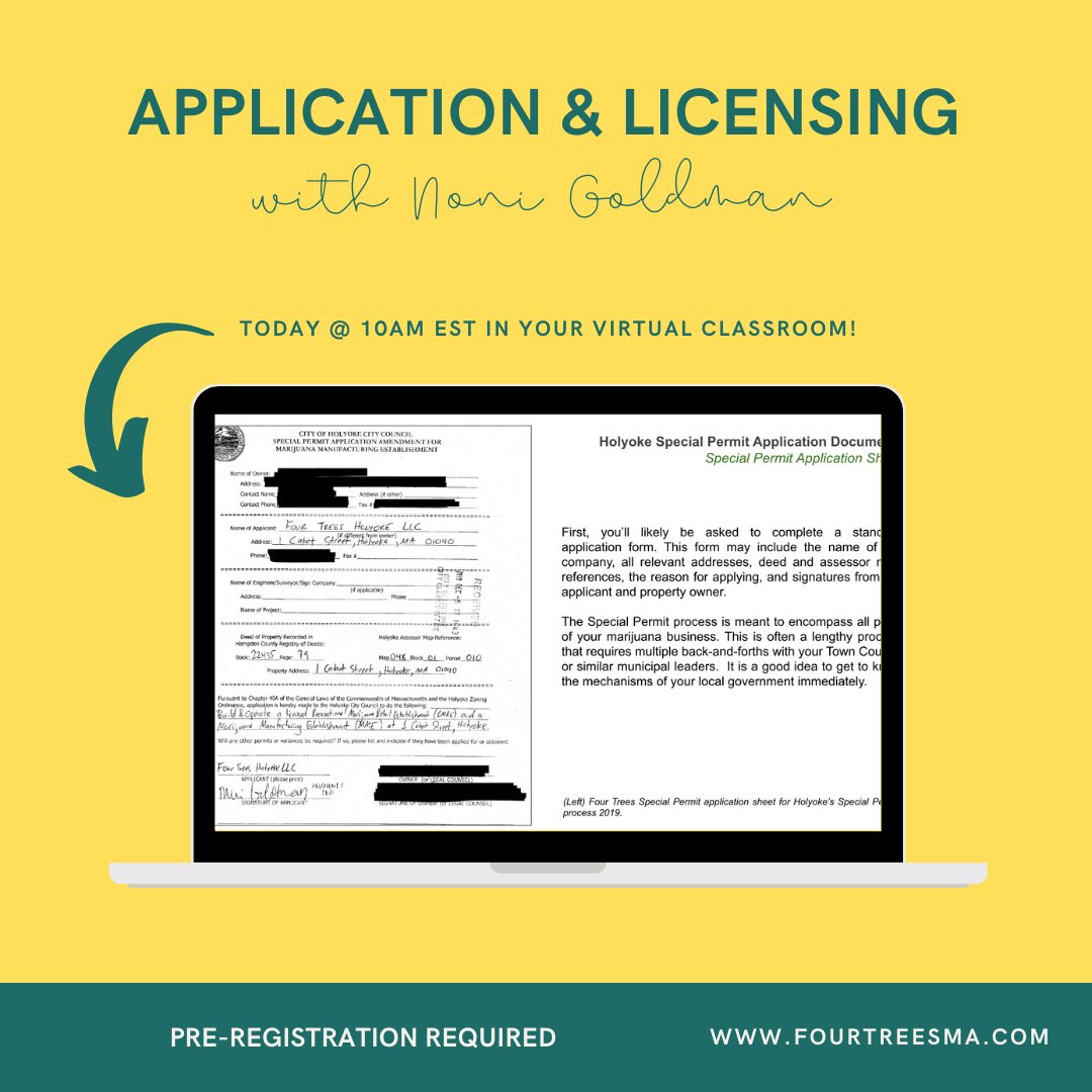 FourTreesMA's tweet photo. Hey #SocialEquity students! Join us today for Application &amp; Licensing, a 90 minute webinar focused on what it really takes for a #Cannabis business to go through municipal and state licensing (YES, they are very different) Learn more and register at https://t.co/xHUJqllT4T https://t.co/bz2wXbTqNc