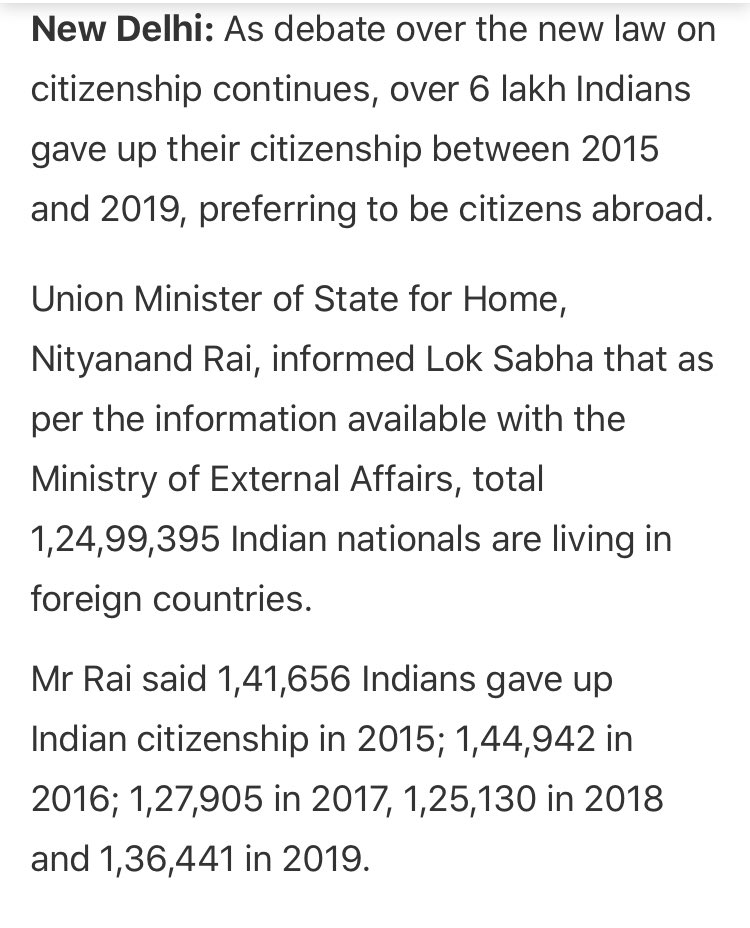 Over 6 lakh Indians gave up citizenship between 2015-19, averaging about 1.25 lakh per year.The bulk seems to have taken US citizenship, averaging about 30k per year. We may be value-neutral over their choice of citizenship but some points are worth pondering over 1/n