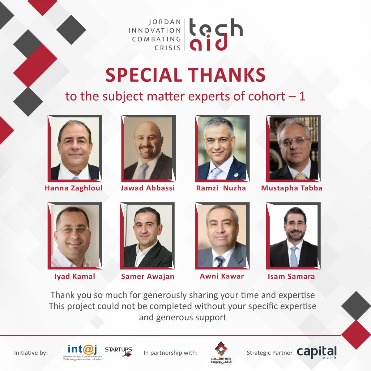 intajICTJO's tweet photo. Special thanks to #TechAID subject matter #experts of cohort-1
Your fruitful, constructive, and open exchanges throughout are deeply appreciated
#COVID19 #innovative_soluotions
#HannaZaghloul @JawadAbbassi @RamziNuzha @Awajan #mostaphaTabba @iyadkam #IsamSamara #AwniKawar https://t.co/mfpmcFO7hB