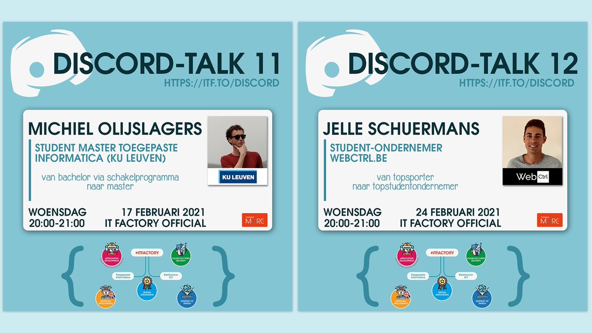 Ons #Discord podium is ook in 2021 gevuld. Veilig online en met gezonde ambitie opent @OlijslagersM met een talk over zijn traject naar academische master. <a href="/jelleschuermans/">jelle schuermans</a> vertelt over zijn leven na de topsport, als top-studentondernemer.
Warm aanbevolen! #thomasmore #itfactory