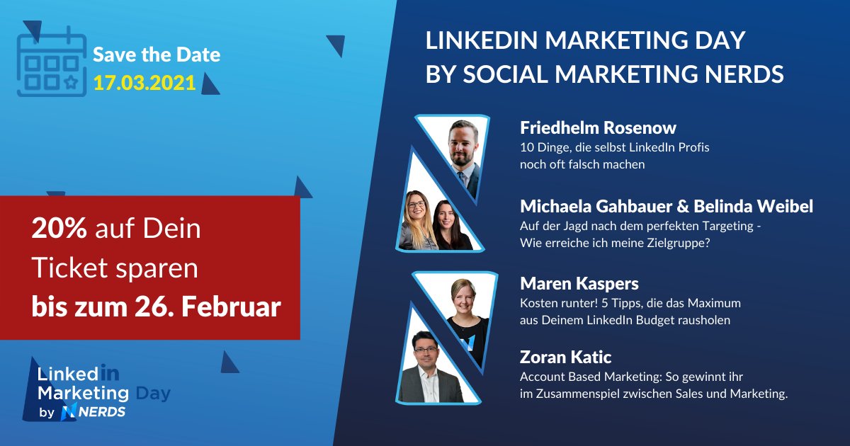 die_nerds's tweet photo. Na, noch im #Clubhouse-Ruheraum am abhängen oder endlich wieder Bock auf Input? Dann sichere Dir jetzt Dein Ticket für unseren #LinkedIn Marketing Day 2021: https://t.co/OuAnIKOgne 🎯 5 ExpertInnen, 🎯 5 Stunden - volle LinkedIn-Power für Dich! https://t.co/RVpRuYc3jc