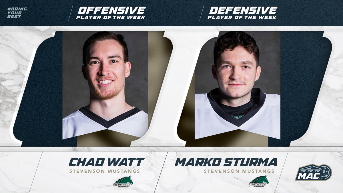 MIH: <a href="/GoMustangSports/">Stevenson University Mustangs</a> Chad Watt &amp; Marko Sturma named MAC Players of the Week! #MACpotw #MAChky #d3hky #NCAAD3 #BringYourBest 

📄: bit.ly/3b8iYiv