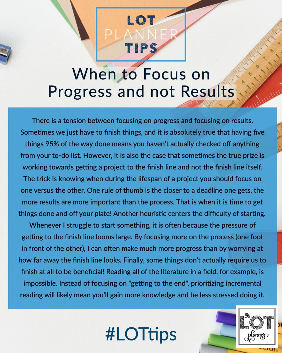 TheLotPlanner's tweet photo. Getting to the finish line and completing tasks is super important. But not always important.
How do you decide when to focus on progress and when to focus on results?
#TheLOTPlanner #LifeOnTrack #LOTLife #LOTTips https://t.co/FDmKxxAQaZ