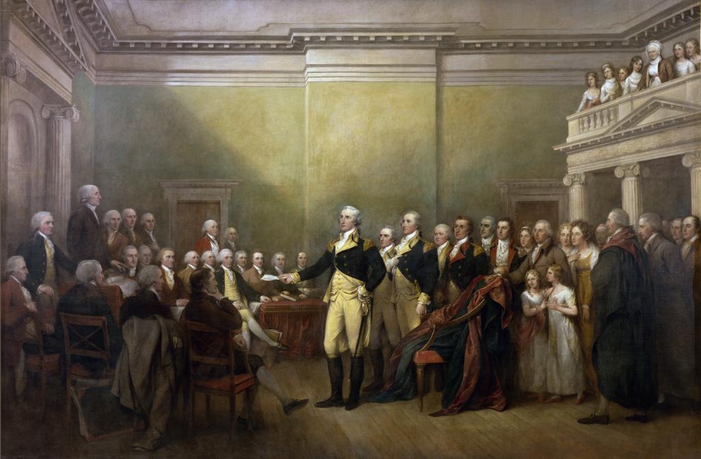 In 1783, after much of the fighting had ended Washington quelled a threatened mutiny through his leadership and personal example, affirming the principle that the military was subordinate to the civil authority. Soon after, he resigned his commission to the Continental Congress.