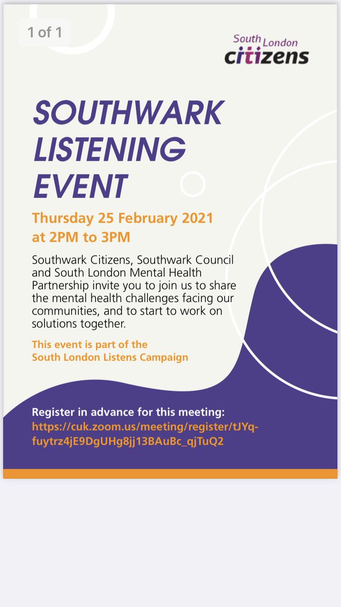 Please do join this community conversation on mental health on 25th Feb & share far & wide in Southwark! Part of #SouthLondonListens campaign with @SLondonCitizens @lb_southwark and @MaudsleyNHS to understand mental health impact of #COVID19
