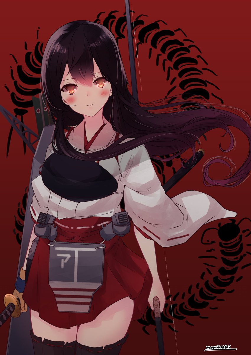 akagi (kancolle) 1girl long hair solo weapon japanese clothes muneate thighhighs  illustration images