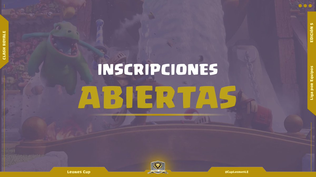 #ClashRoyale 

Abrimos Inscripciones para nuestra Quinta Edición de la Leones Cup:

Requisitos:
- Seguirnos
- Seguir a <a href="/pedrodanielvega/">pedro daniel vega</a> 
- Seguir a twitch.tv/piplup05
- Mencionar a 2 Equipos.

Mandar Pruebas al MD

Fin de Inscripción: 18/2

Premio: 1° 10USD; 2° 5USD