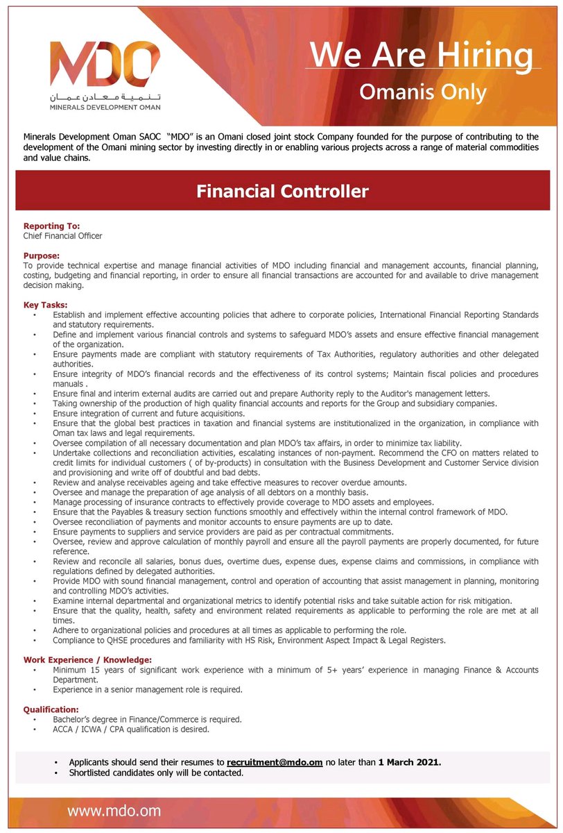 mdo_om's tweet photo. #We_are_hiring
#Minerals_Development_Oman
#MDO
#Financial_Controller https://t.co/rNcIm5VuKE