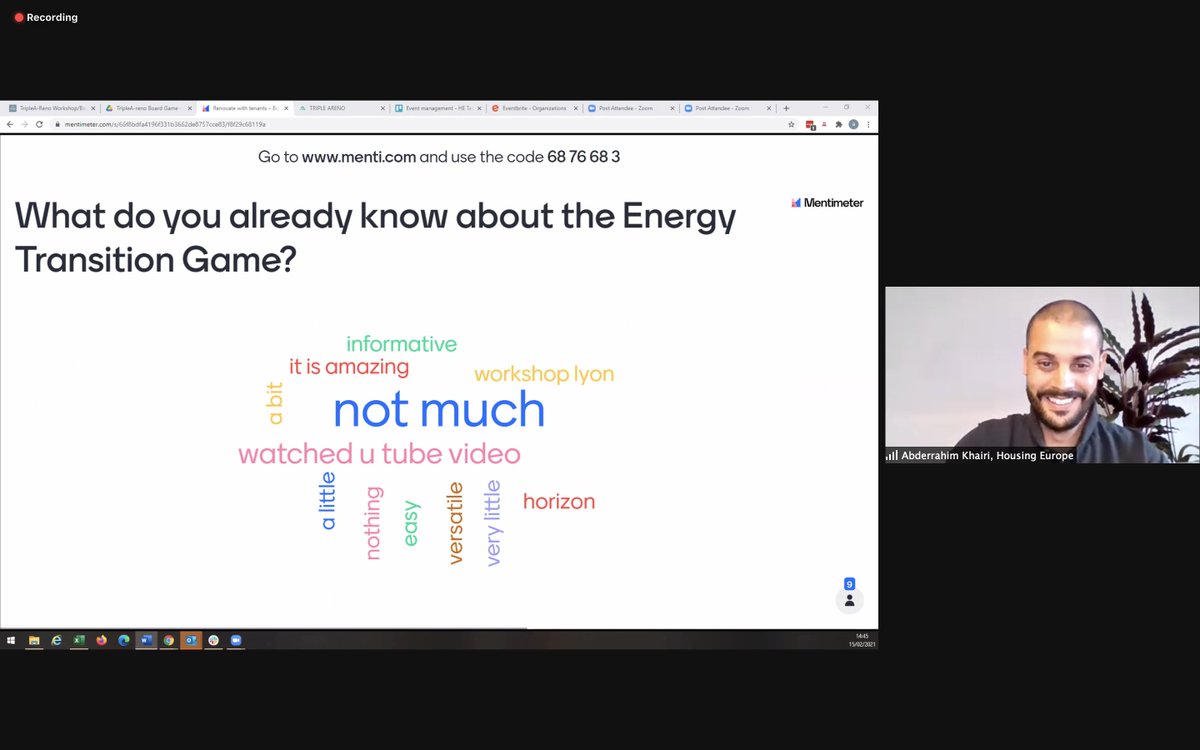 The <a href="/TripleAreno/">TripleA-reno</a> Board game workshop just started!
<a href="/Abderr83/">Abderrahim khairi</a> Khairi from <a href="/HousingEurope/">Housing Europe</a> is opening the session with an interactive #livepolling

Stay tuned🎲#gamification #deeprenovation
More info at triplea-reno.eu/energy-transit…