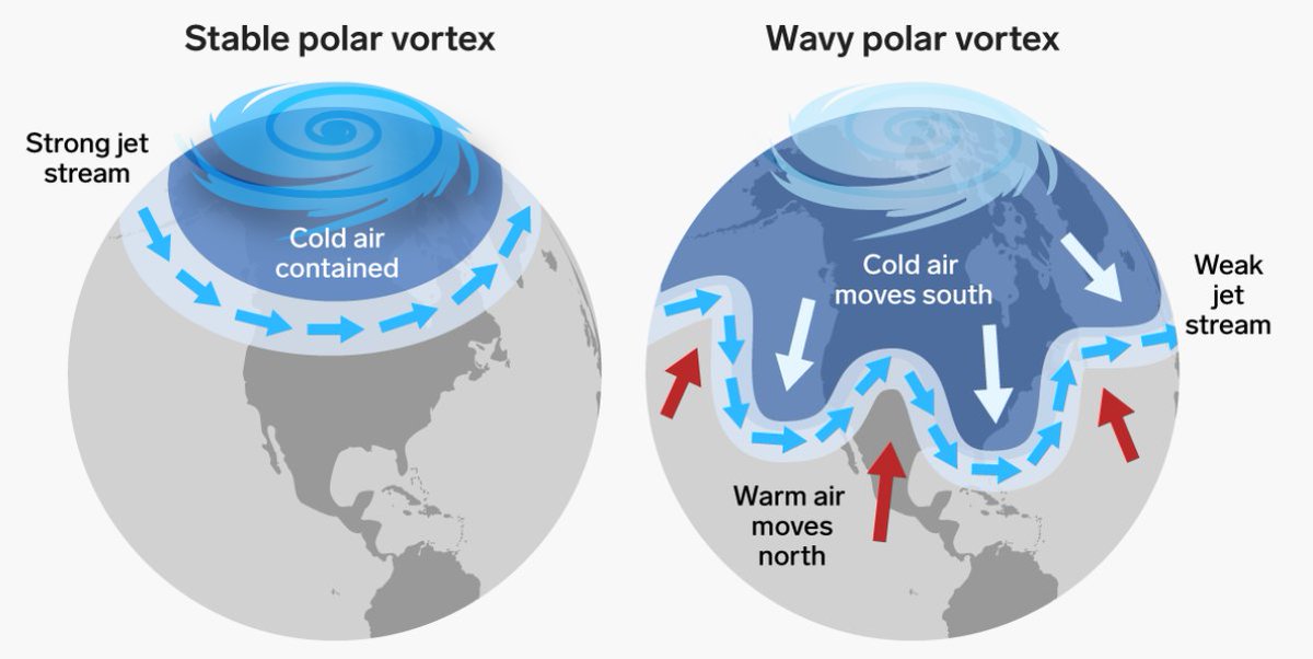 Confused about the  #PolarVortex? Usually a strong jet stream confines Arctic air to the north, stabilized by a big difference in temperature between low and high latitudes. The smaller the difference in temperature, the more the wind belts meander (Via  @RemoteLongitude &  @NOAA)