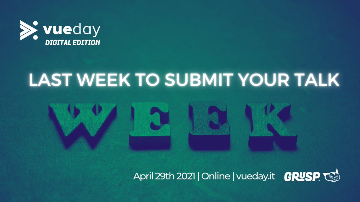 vuedayit's tweet image. 📢 Only one week to propose your talk for #vueday
Share your experience and knowledge to all #vuejs developer 🎯
You have time until February 28th to submit your talk 👉 bit.ly/CFPvueday2021
#vueday #vue #vuejs #nuxtjs #vuex #vuerouter #testing #GraphQL #components