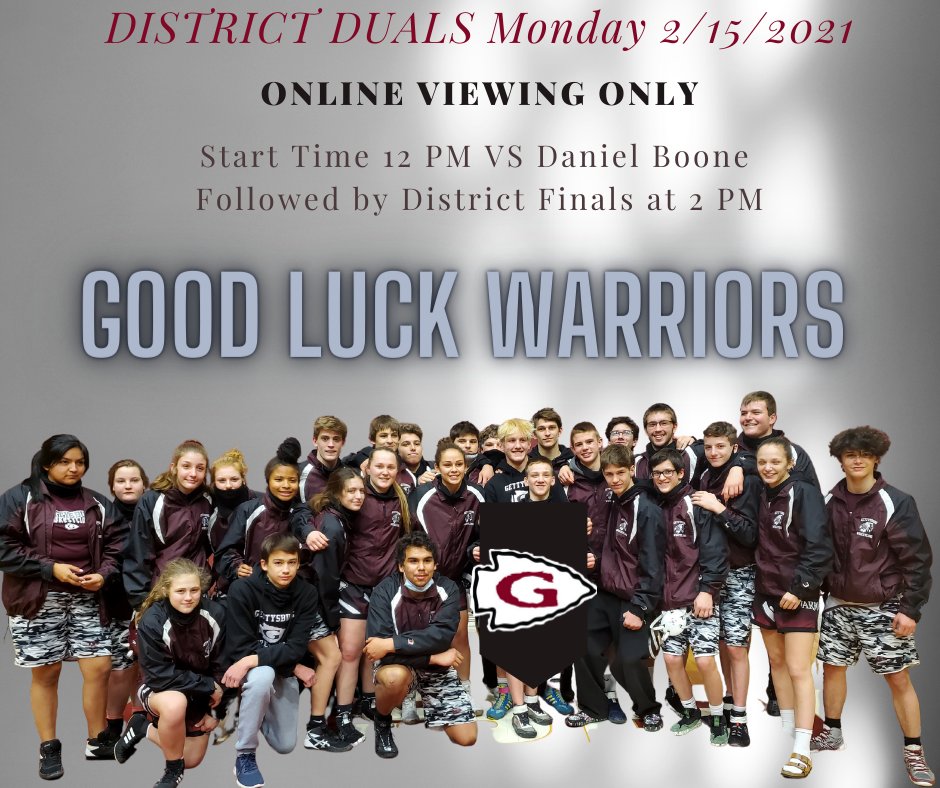 Tune in today for the District 3 Team Championships!
Semi Final 12 PM VS Daniel Boone   youtube.com/c/GASDAthletic…  
Finals Championship Match 2 PM  (Fee to Watch) nfhsnetwork.com/.../central-da…....
<a href="/HTW_Gladiator/">Chris Haines</a> <a href="/GAHSAthletics/">GAHS Athletics</a> <a href="/GBT_Sports/">Gettysburg Times Sports</a> <a href="/coachlaing/">Max Laing</a> #wrestling #wrestlelikeawarrior