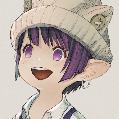 lalafell solo purple eyes pointy ears smile hat open mouth  illustration images