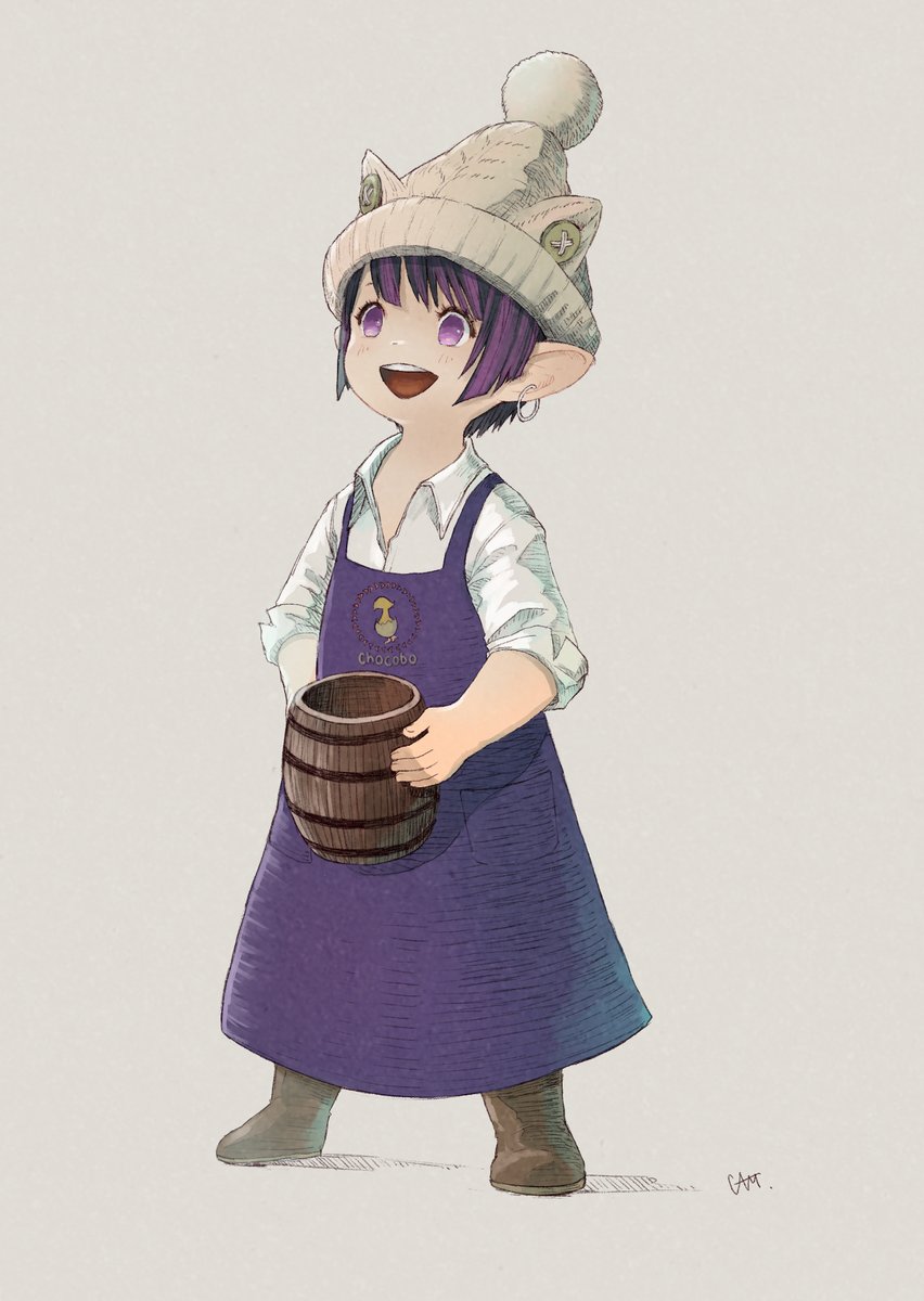 lalafell solo purple eyes pointy ears smile hat open mouth  illustration images